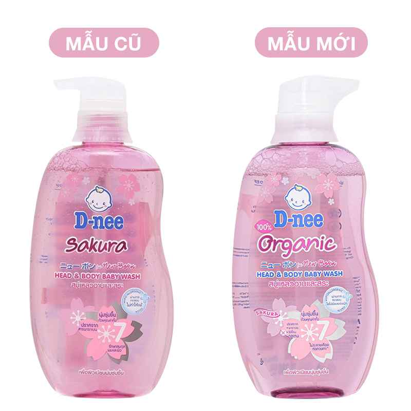 Dầu tắm & gội 2in1 cho bé D-nee Organic chiết xuất hoa anh đào 380ml (chai hồng)