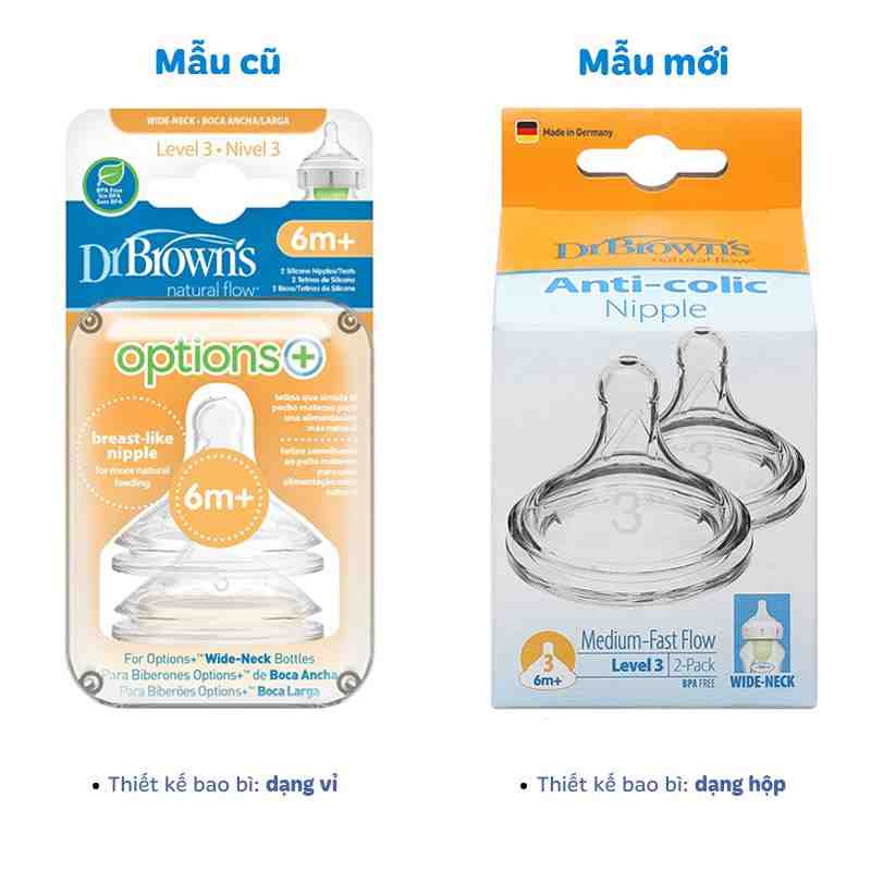 Bộ 2 núm ti Dr.Brown's cổ rộng size 3 (6-9 tháng)