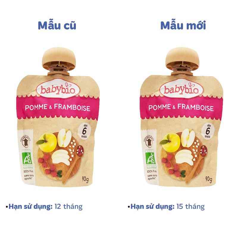 Trái cây nghiền hữu cơ Babybio táo, mâm xôi 90g