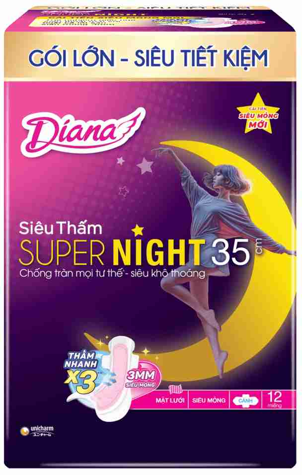 Băng Vệ Sinh Diana Siêu Thấm Super Night Ban Đêm 35cm 12 Miếng