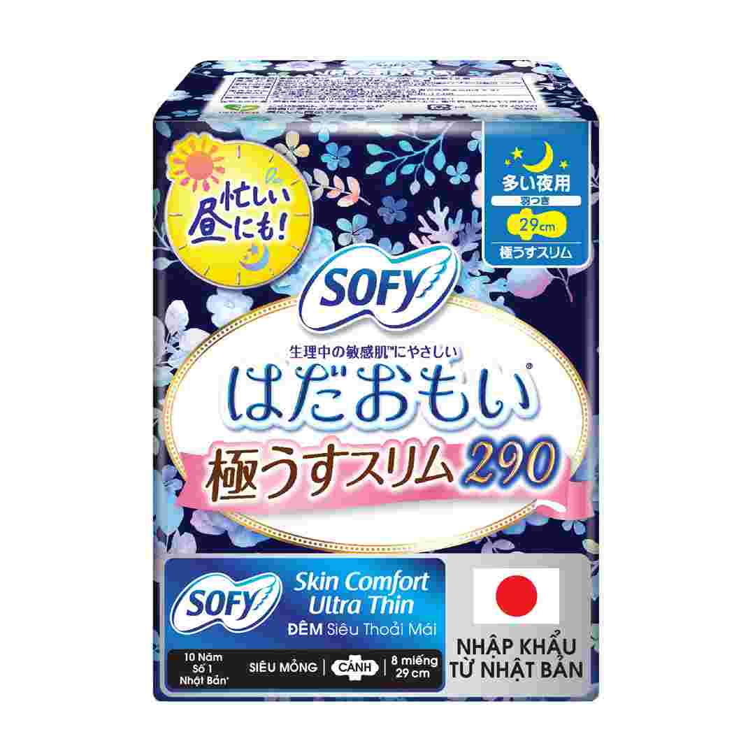 Băng Vệ Sinh Sofy Skin Comfort Đêm Siêu Mỏng Cánh 29cm 8 Miếng