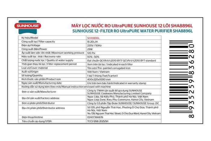 Máy lọc nước RO Hydrogen Sunhouse UltraPURE SHA8896L 12 lõi