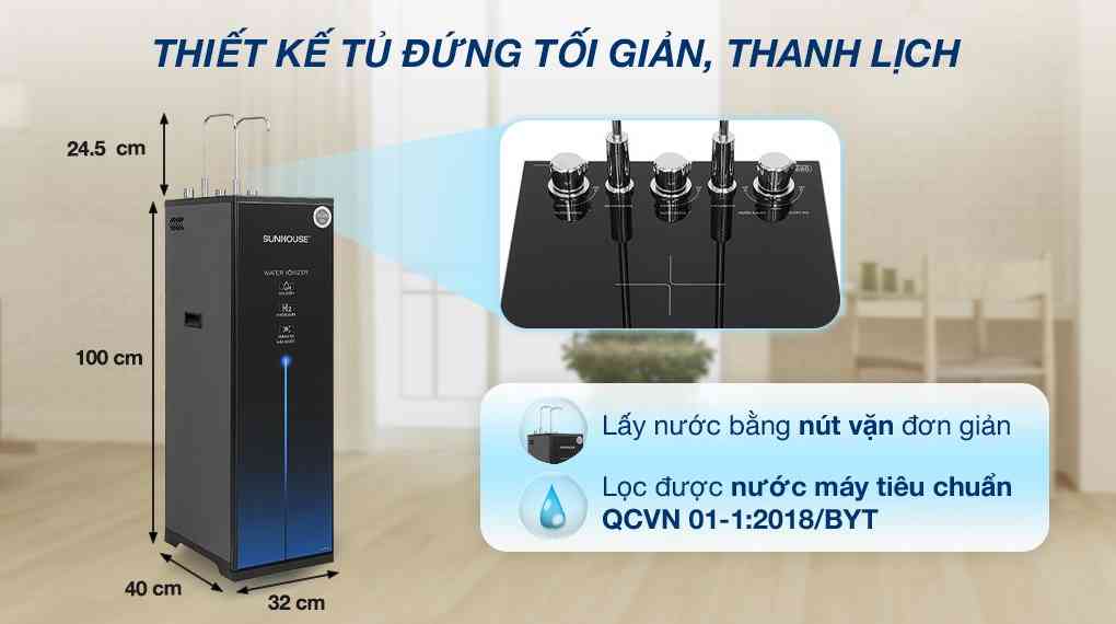 Máy lọc nước RO nóng nguội lạnh Hydrogen ion kiềm Sunhouse SHA76258LA 12 lõi